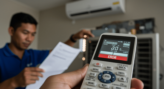 Teknisi mengecek kode error pada remote AC