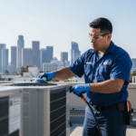 Teknisi sedang membersihkan outdoor AC
