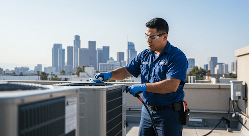 Teknisi sedang membersihkan outdoor AC