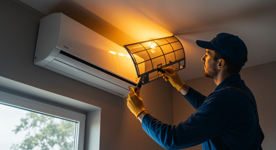 Teknisi membersihkan filter AC