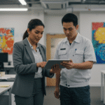 Teknisi AC berdiskusi kontrak dengan PIC kantor