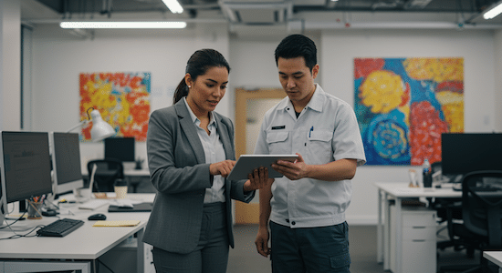 Teknisi AC berdiskusi kontrak dengan PIC kantor