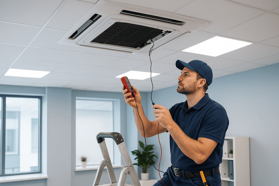 Teknisi memeriksa AC