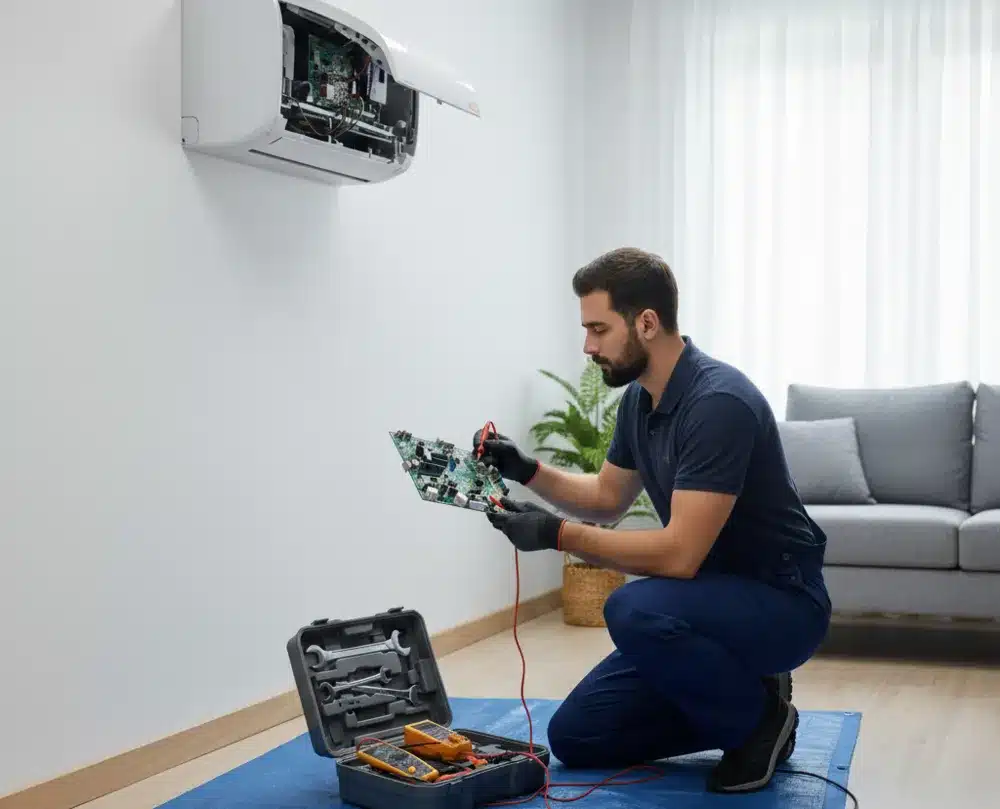 Teknisi mengecek detail komponen AC