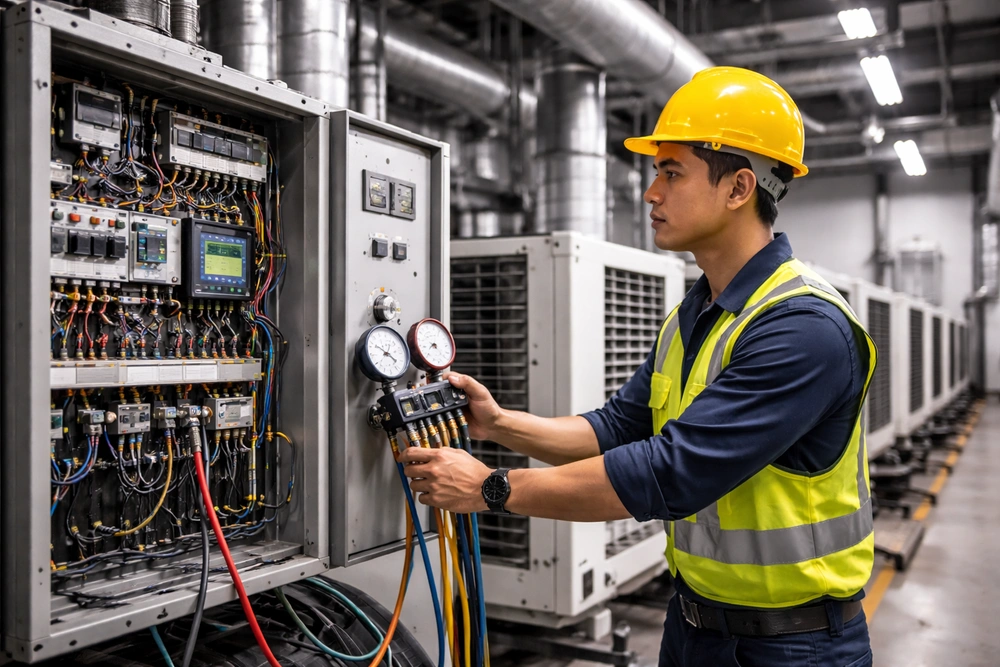 Kenapa Instalasi AC Gedung Sering Bermasalah? Ini Faktanya! 1 Pengecekan AC di gedung