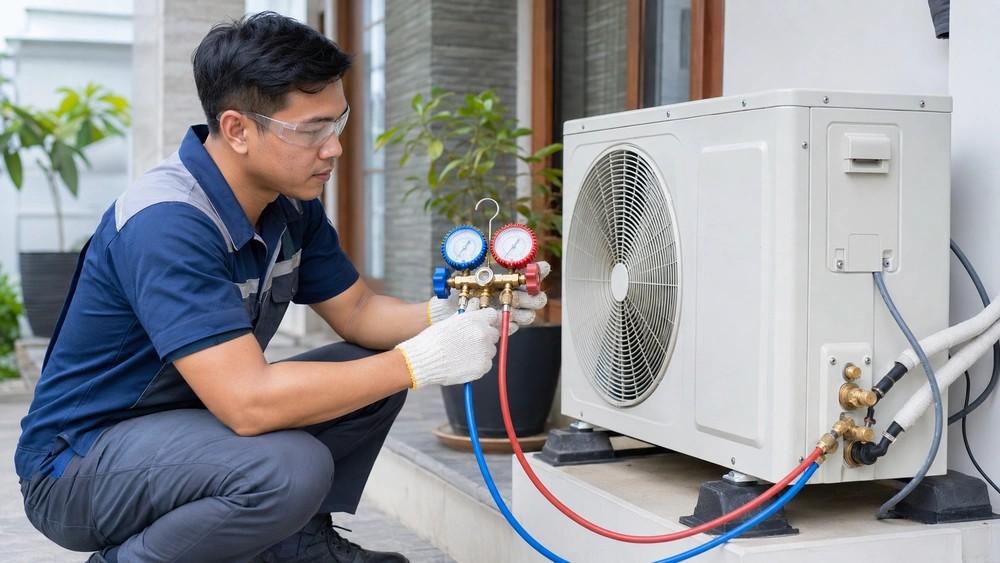 Biaya Isi Freon AC Berdasarkan Tipe Freon dan Kondisi Unit 2 Teknisi mengecek freon AC