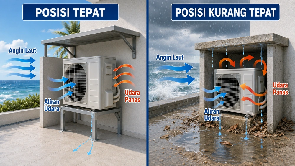 Cara Melindungi Unit Outdoor AC Hotel dan Vila di Area Dekat Pantai 1 Posisi AC outdoor
