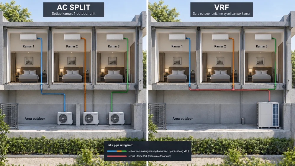 Jangan Salah Pilih! Ini Perbandingan AC Split dan VRF untuk Hotel dan Vila 1 Perbedaan AC split dan VRF